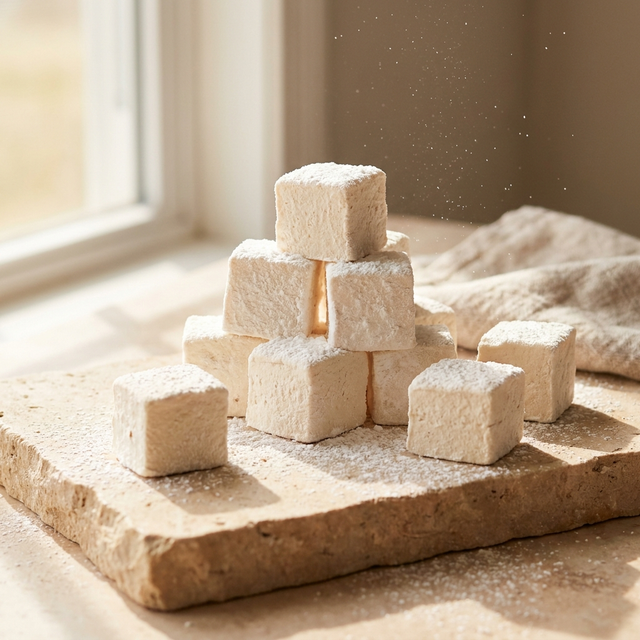 Handmade vegan marshmallows dusted with icing sugar