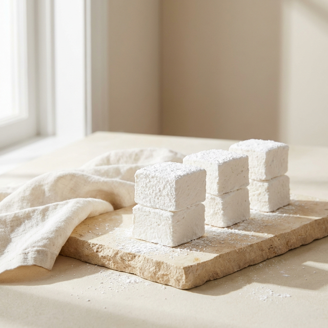 Four pack of handmade vegan marshmallows dusted with icing sugar