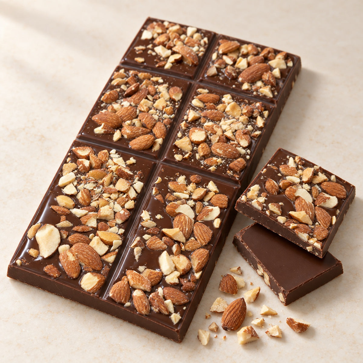 Vegan almond bar: a moulded dark chocolate block covered in roasted chopped almonds, with two squares snapped off showing the plain chocolate underside