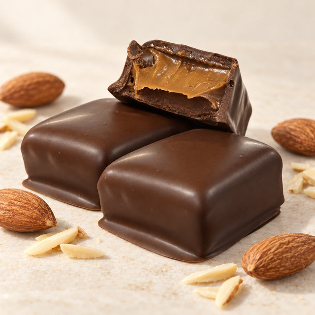 The two vegan almond praline bars from one pack, in dark chocolate, one of them cut open to show the golden almond praline filling, with whole and slivered almonds scattered around