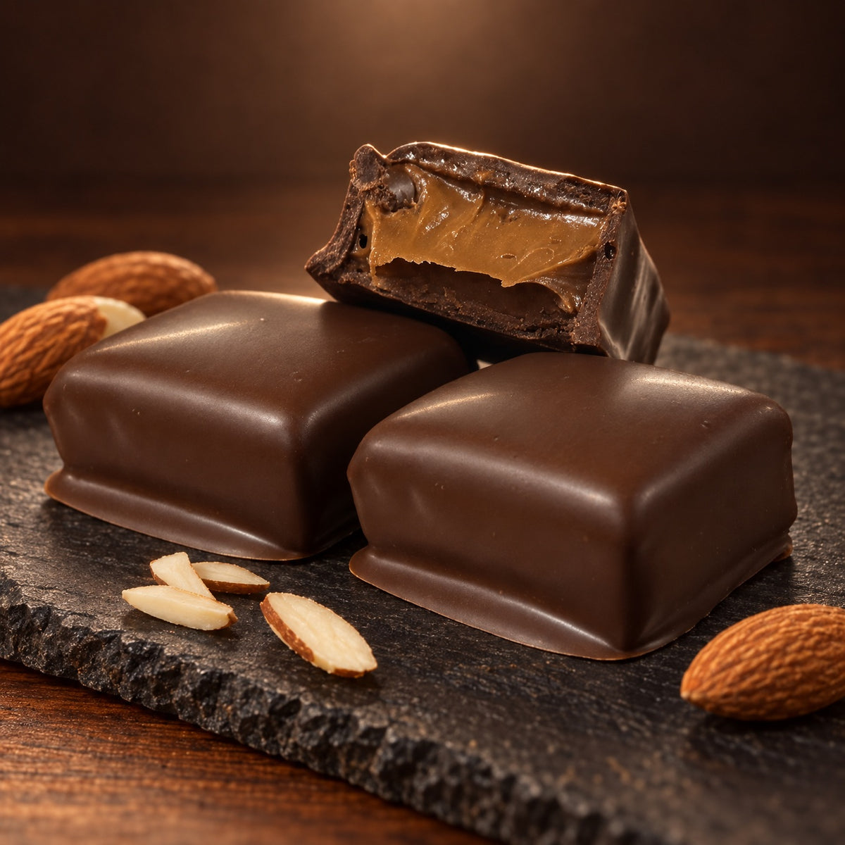 Vegan almond praline bars on a dark slate board, one cut open showing the golden almond praline filling