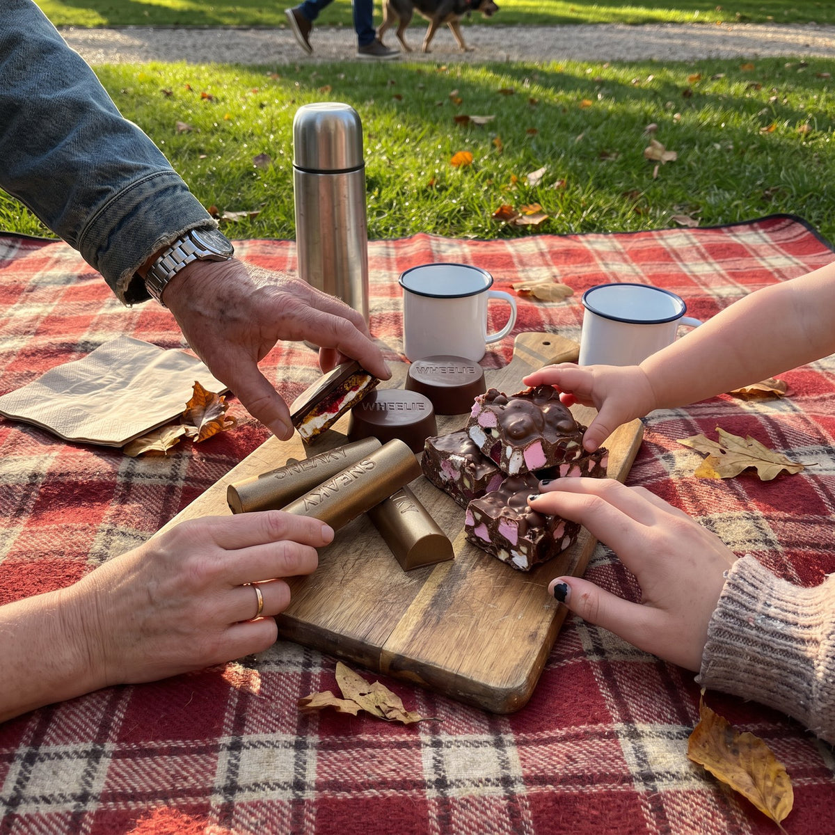 Hands reaching for Wheelies, Sneakys and rocky road on a picnic rug