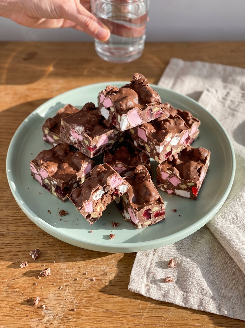 Squares of dairy free rocky road on a mint plate