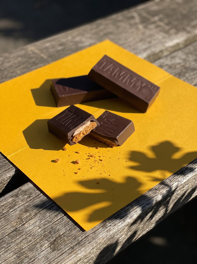 Timmy and Tammy bars on yellow paper, one snapped open