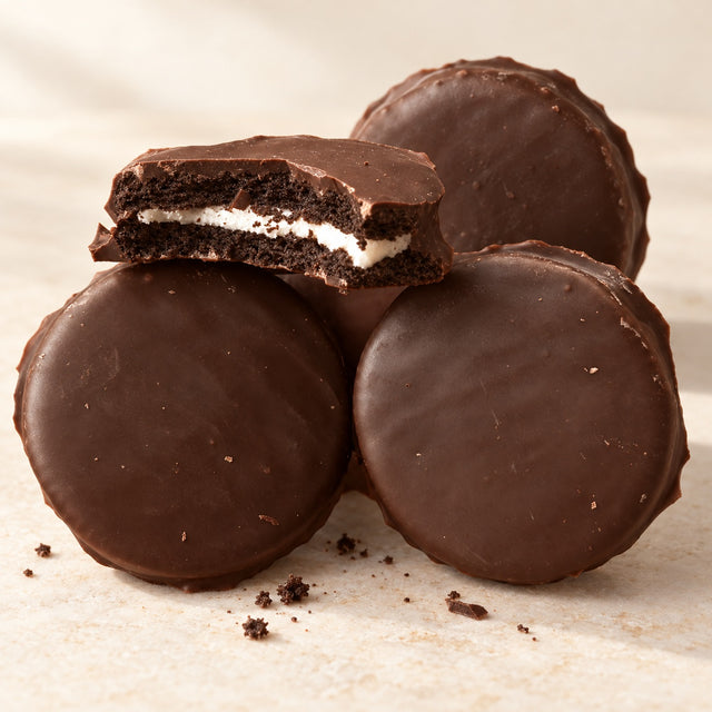 Four chocolate-coated sandwich biscuits on a cream stone surface, one with a bite taken showing the dark biscuit and white cream centre under the chocolate shell