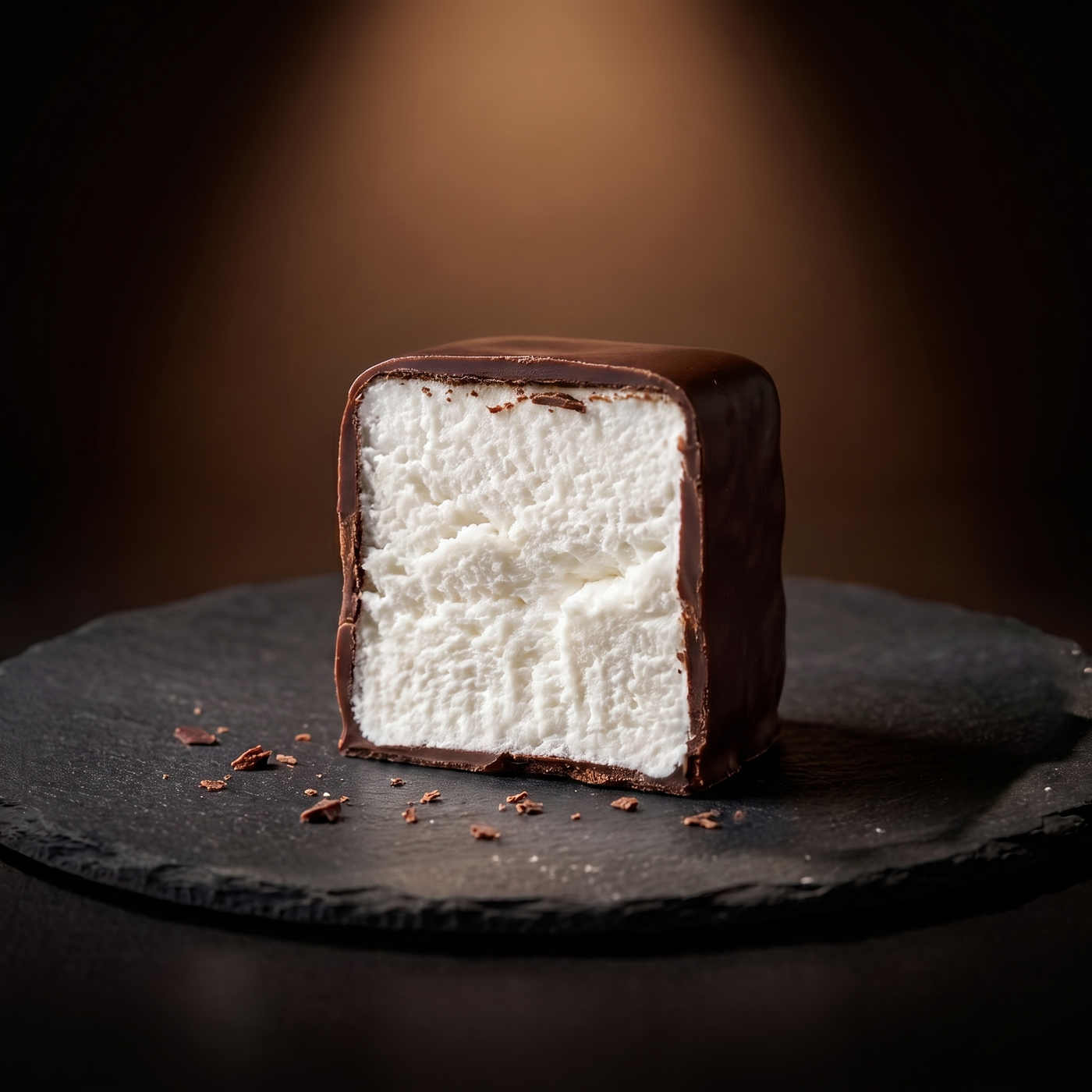 Choc coated marshmallow cut in half showing the fluffy vegan marshmallow centre inside a thin chocolate shell