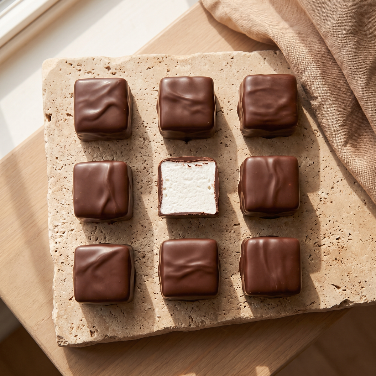 Nine vegan choc coated marshmallow cubes from above, one cut open showing the white marshmallow centre