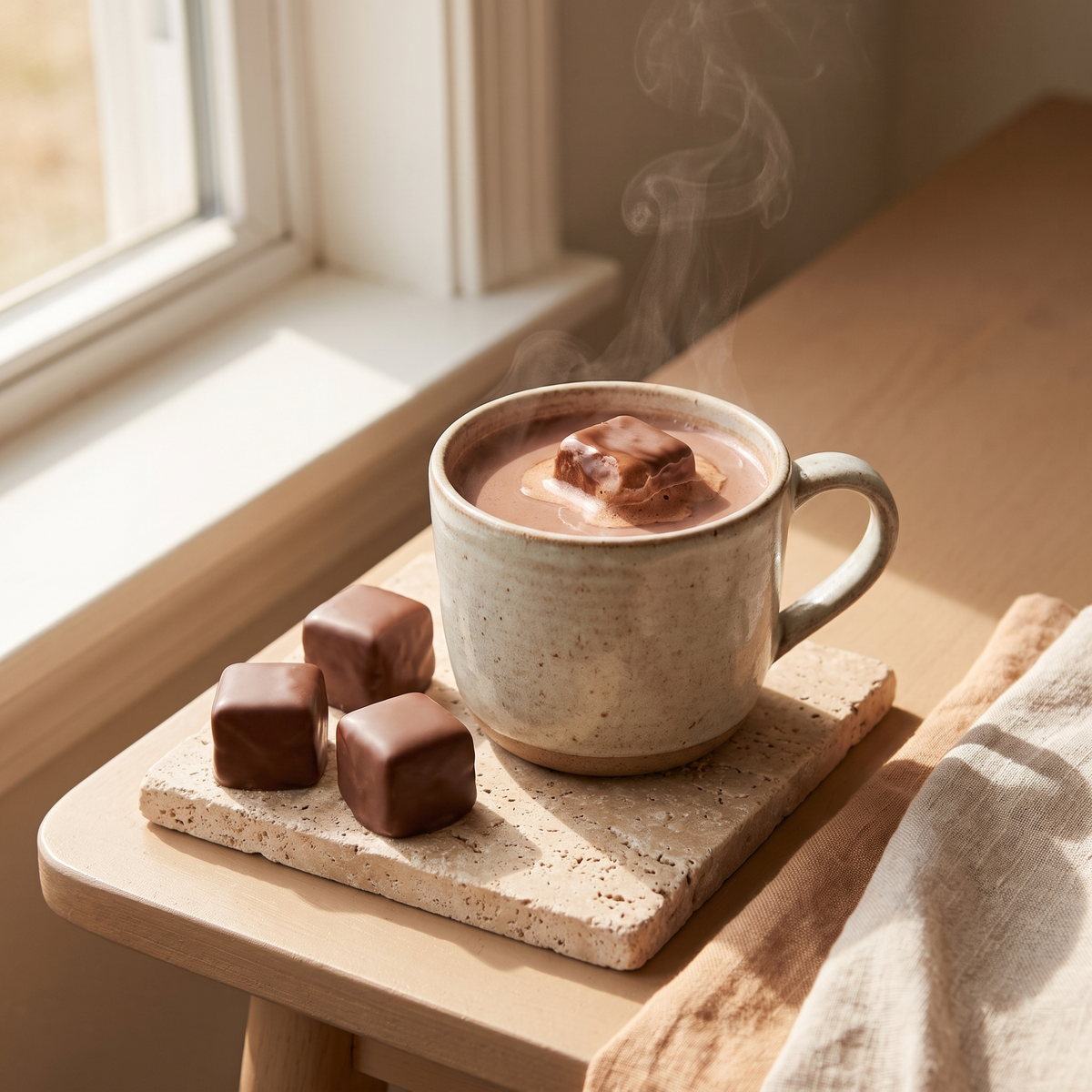 Choc coated marshmallow melting into a mug of hot chocolate with three more cubes beside it