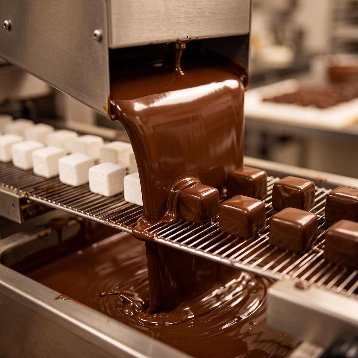 Vegan marshmallow cubes being coated in a curtain of melted chocolate on the enrobing belt