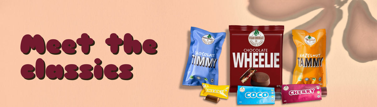 Meet the classics: Chocolate Timmy, Chocolate Wheelie and Hazelnut Tammy, with Sneaky, Coco and Cherry bars