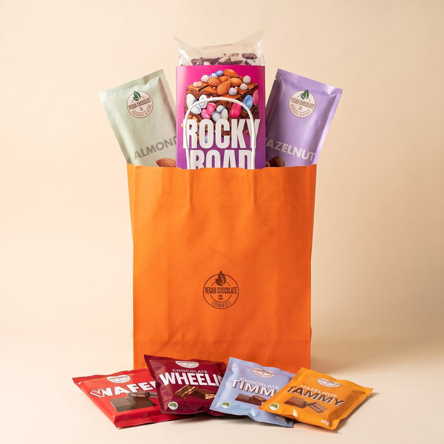 Rocky Road Gift Bag: rocky road, almond and hazelnut bars, Wafer, Wheelie, Timmy and Tammy with the orange gift bag